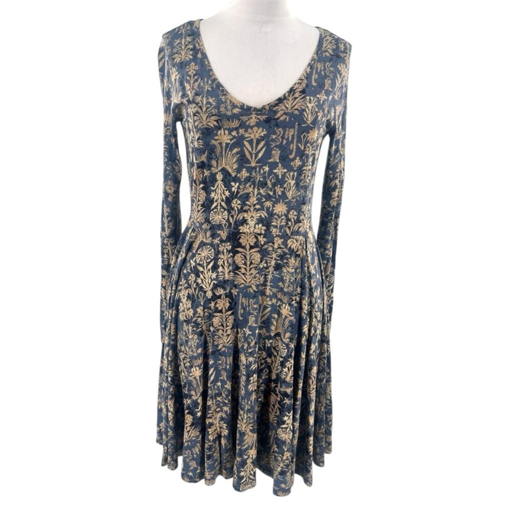 Peruvian Connection Pima cotton modal floral dress blue tan sz S